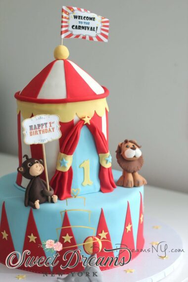 Circus-Birthday-Cake-Fondant-Circus-Animals-First-Birthday-Custom-Cake-NYC-Long-Island-Cake-Designer-Sweet-Dreams-NY-Cakes