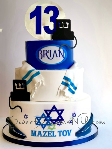 Bar Mitzvah Cake Long Island NYC Custom Cakes Mazel Tov Cake blue and white Bar Mitzvah cake with Star of David Magen David