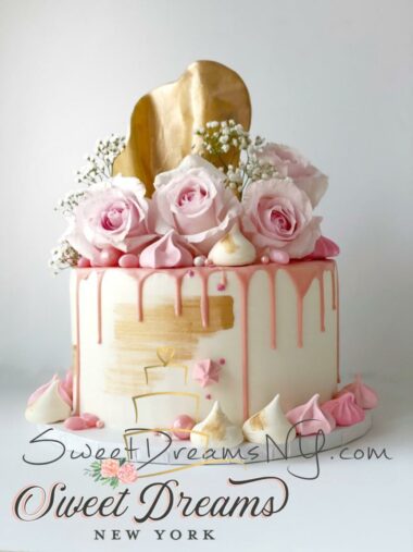 Bridal Shower Cake Wedding Cake Sweet 16 Drip Birthday Cake Gold and Pink Flowers Custom Cake NYC and Long Island by Sweet Dreams NY