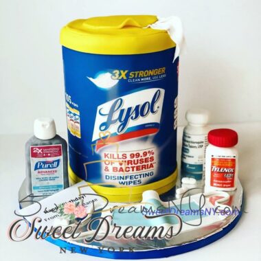 Covid 19 Cake Covid Inspired Cake Lysol Disinfecting wipes Chlorox wipe Purell by Cake Artist and Designer Lori Baker of Sweet Dreams NY Long Island NY