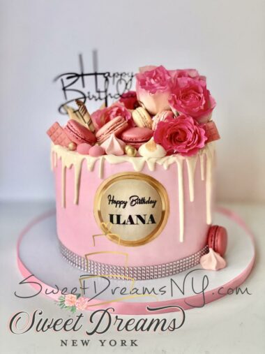 Custom Birthday Cake for a woman pink flower macaroon Custom Cake 40th Birthday Drip Cake NYC Long Island Cake designer