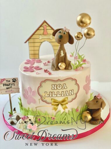 Doggie Cake First Birthday Cake for girls cute dog cake topper Cute birthday Cake for girls NYC Long Island Custom Cakes