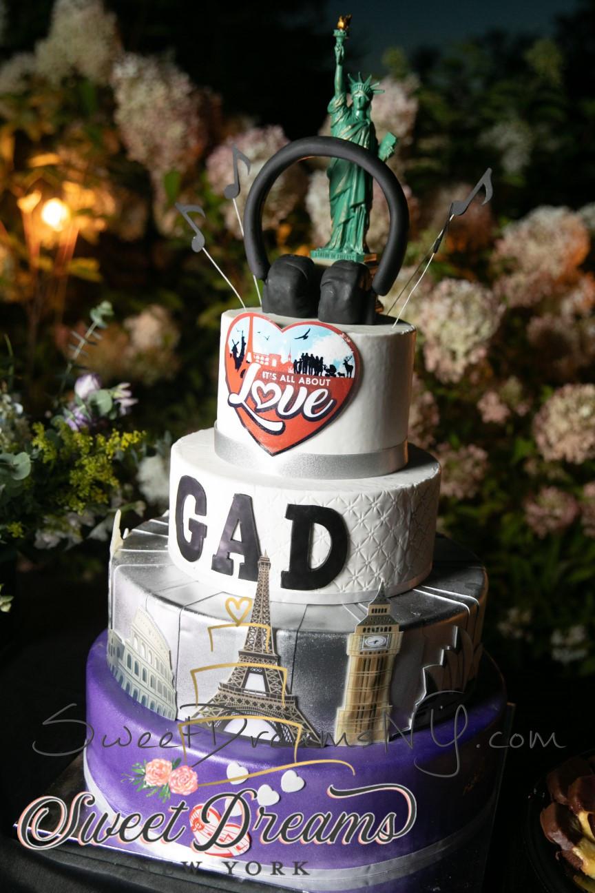 Gad Elbaz Birthday Cake Around the World Themed Cake Music Cake Statue of Liverty Cake Travel and Music Cake for Gad Elbaz Birthday by Lori Baker of Sweet Dreams NY