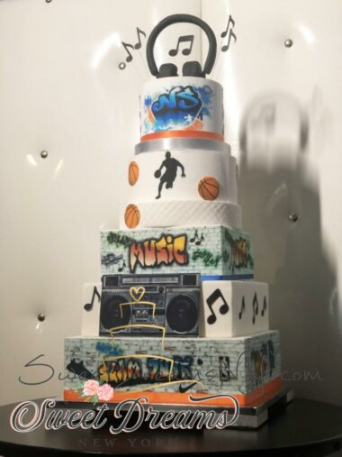 Graffiti Music basketball Bar Mitzvah Cake 2 NYC LONG ISLAND CUSTOM BAR MITZVAH CAKE SWEET DREAMS NY - 9-2019