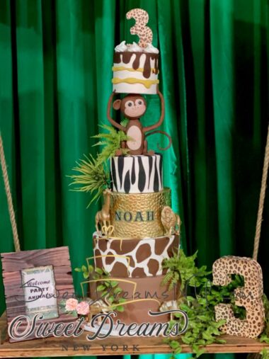 Jungle Safari themed Birthday Cake Animal Cake Monkey fondant Gravity Defying Cake Custom Cakes NYC Long Island Cake designer