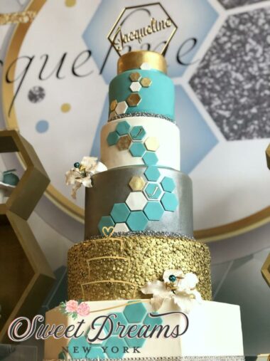 Modern-Bat-Mitzvah-Cake-Gold-Silver-turquise-Wedding-Cake-design