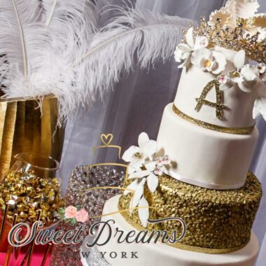 Princess-Bat-Mitzvah-Cake-white-and-Gold-Wedding-Cake-Tiara-Custom-Cakes-NY-Wedding-Cake-Dessert-Table