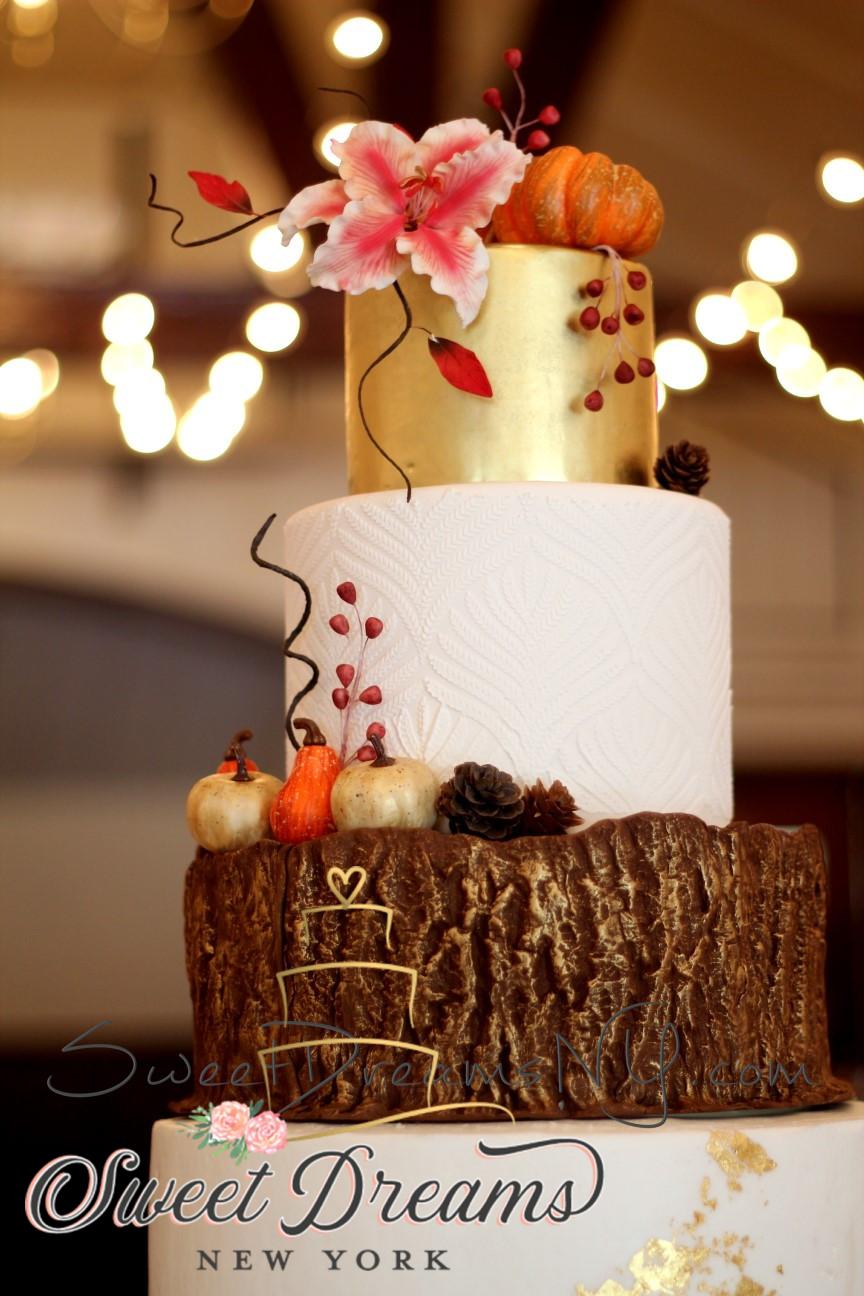 Rustic Wedding Cake Ideas White and Gold Wedding Cake with Pumpkin Fall themed NYC Long Island Wedding Cakes Cake arist and designer Lori Baker