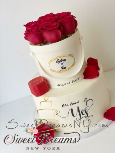 She Said Yes Engagement Cake Flower Box Cake white and red flowers birthday cake Wedding Cake Long Island NYC Custom Wedding Cakes