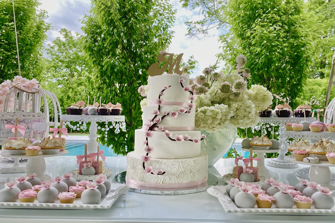 Cherry blosom wedding dessert tables