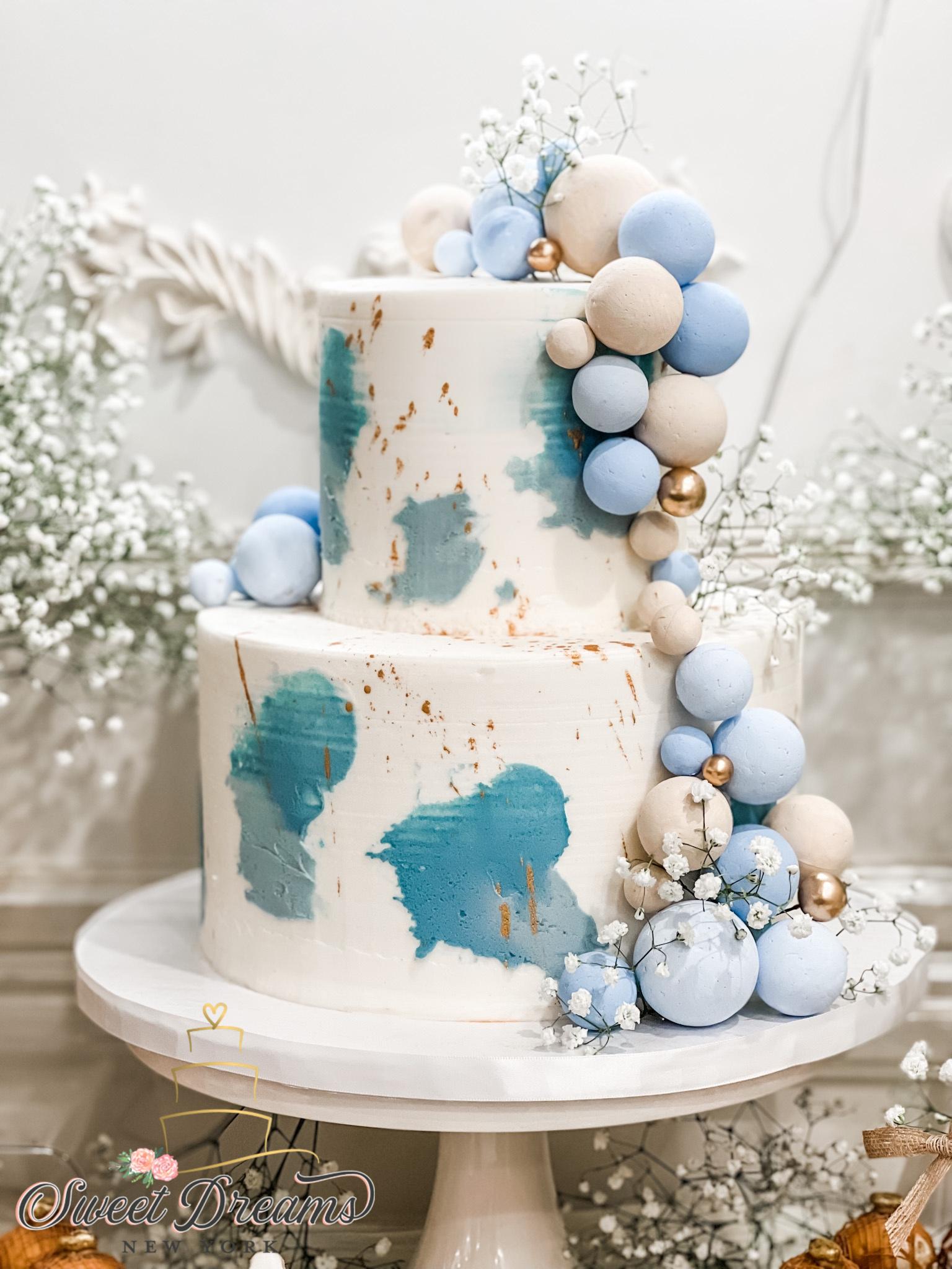 Blue White gold and beige Boho Baby Shower Birthday Cake by Sweet Dreams NY