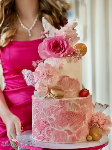 Bridal Shower Cake NYC Pink Floral Custom Brirthday Cake with macaron for woman Long Island Custom cake
