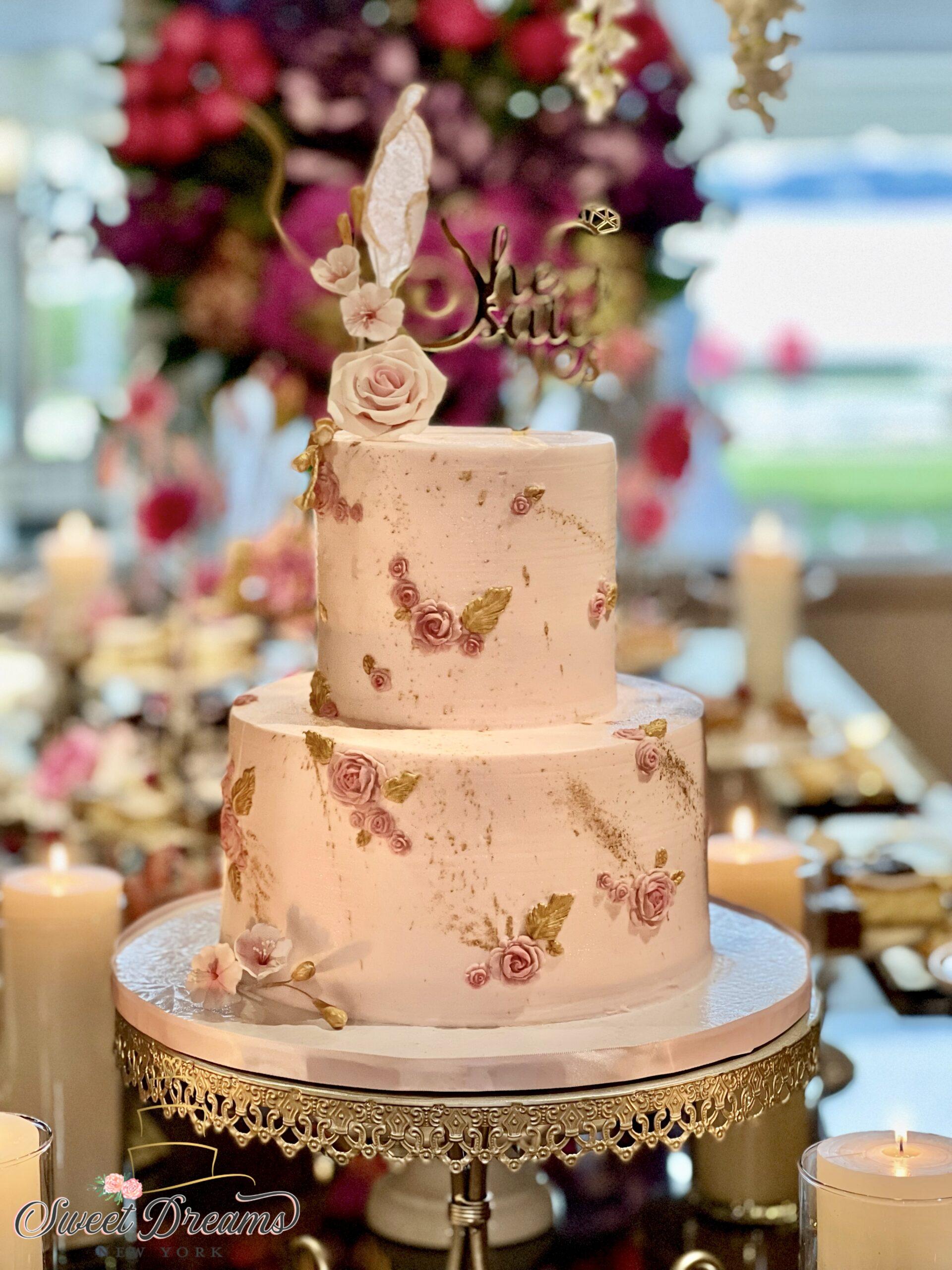 She Said Yes Cake Wedding Cake pink and gold flowers bridal shower cake Long Island NYC