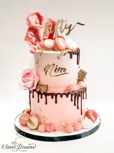 Elegant 50th Birthday Cake NYC Pink Bridal Shower Cake NYC LONG Island Pink Macarons Flowers Custom Cake NYC Long Island
