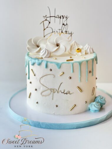 Elegant Birthday Cake NYC 30th Birthday Cake for Woman Bridal Shower Cake Long Island Sweet Dreams NY white and light blue buttercream cake