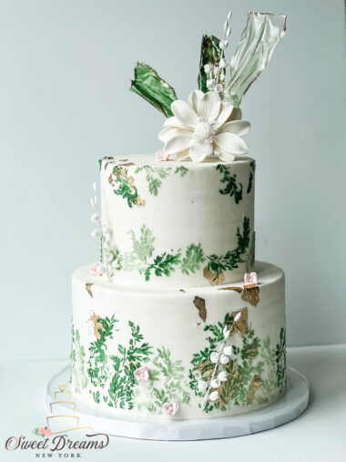Bridal Shower Cake with Greenery and White Sugar Flowers NYC Long Island Sweet Dreams NY