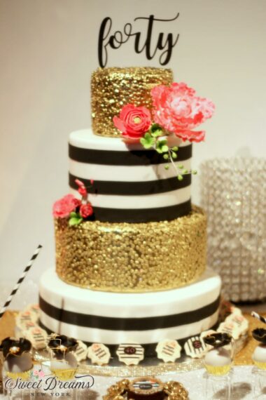 40th birthday cake white black and gold custom cakes Long Island NYC by Sweet dreams NY