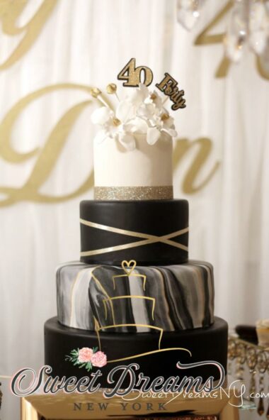 40th birthday custom cake white black and gold marble orchids wedding cake bridal shower Long Island NY custom cakes bakery NYC