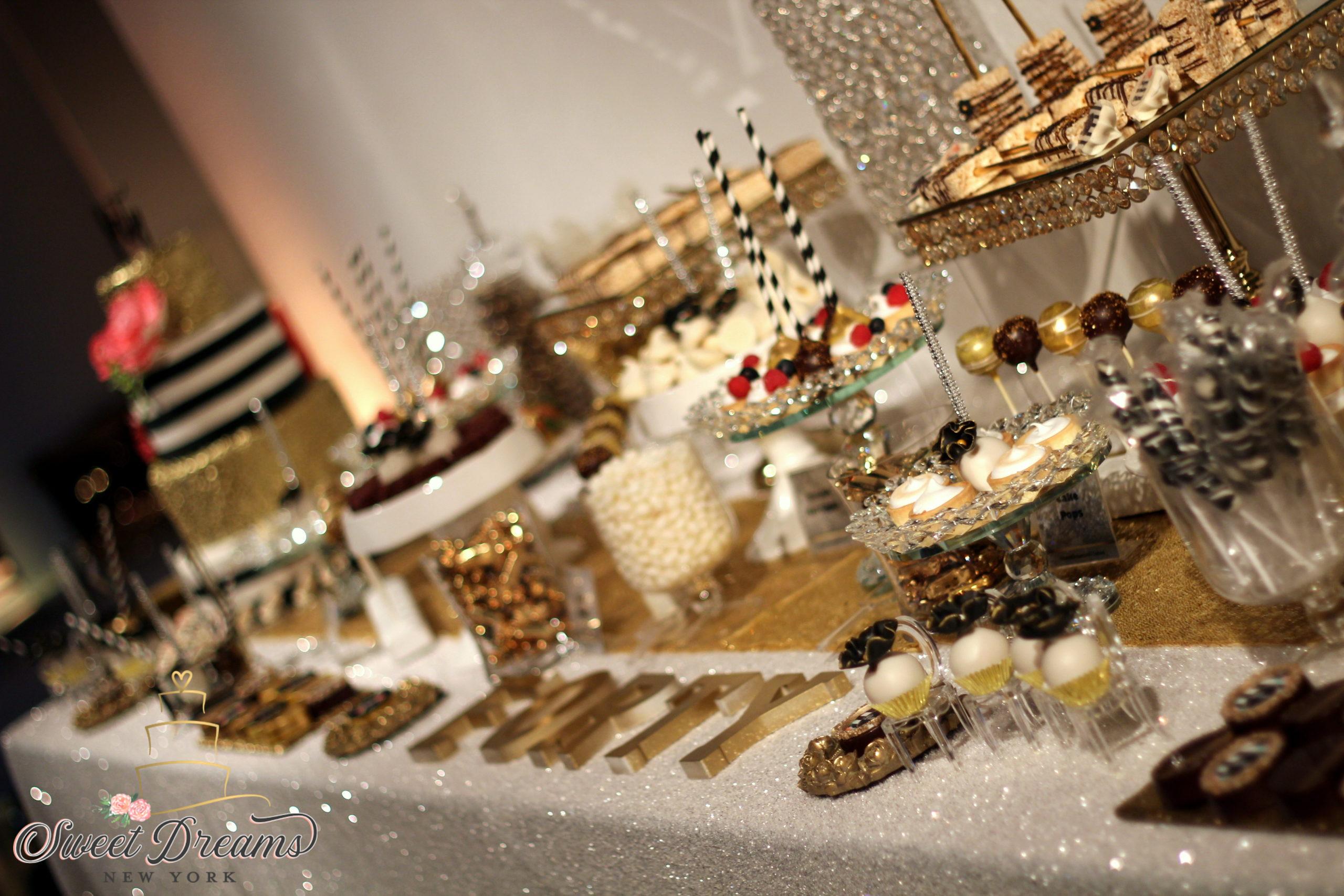 40th birthday dessert table gold black and White by Sweet dreams NY Long Island custom cakes