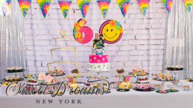 60th birthday party ideas hippie rainbow sixties party decor dessert table Long Island NYC