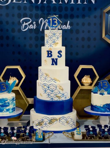 A Bar Mitzvah Custom Cake Elegant blue white and gold wedding cake NYC Dessert Table Long Island by Sweet Dreams NY