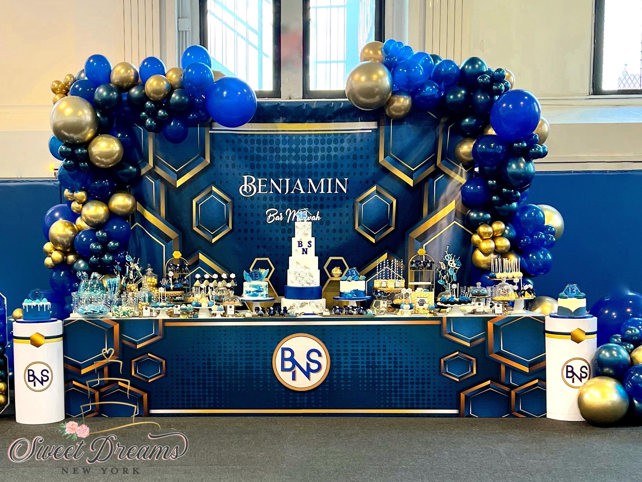 Bar Mitzvah Dessert Table Blue and Gold theme custom cake NYC Long Island by Sweet Dreams NY