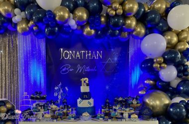 Bar Mitzvah Dessert Table NYC Long Island Blue and Gold Dessert Table with Balloons