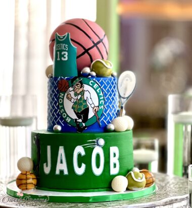 Basketball Boston Celtics Bar Mitzvah Cake Tennis Gold sports themed Birthday Cake NYC Long Island Custom Cakes and Desserts
