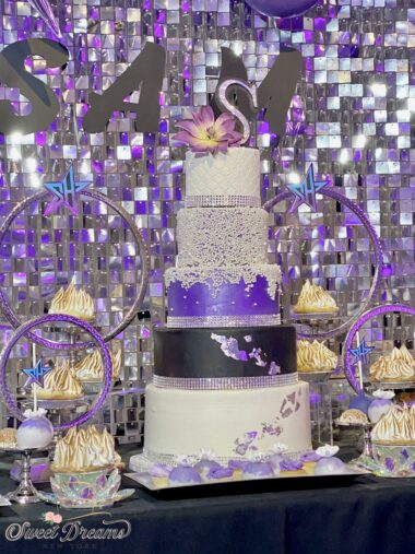 Bat Mitzvah Custom Cake silver and Purple Wedding Cake Custom Dessert Tables Long Island NYC Cake designer and artist