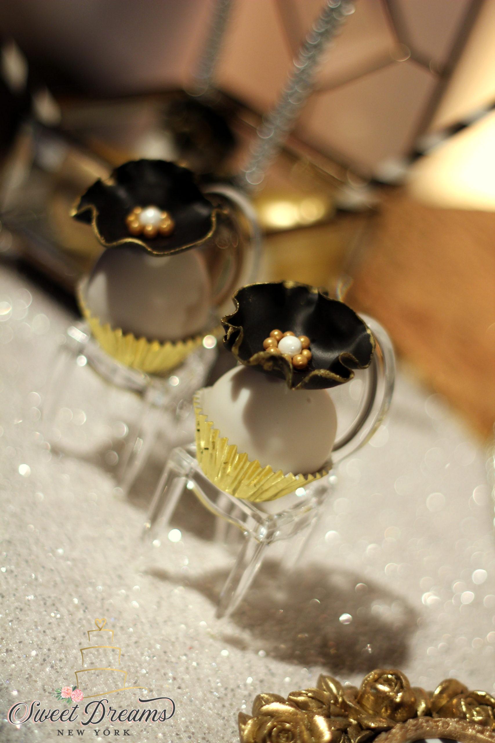 Black white and gold cake pops 40th birthday dessert table ideas Long Island NYC