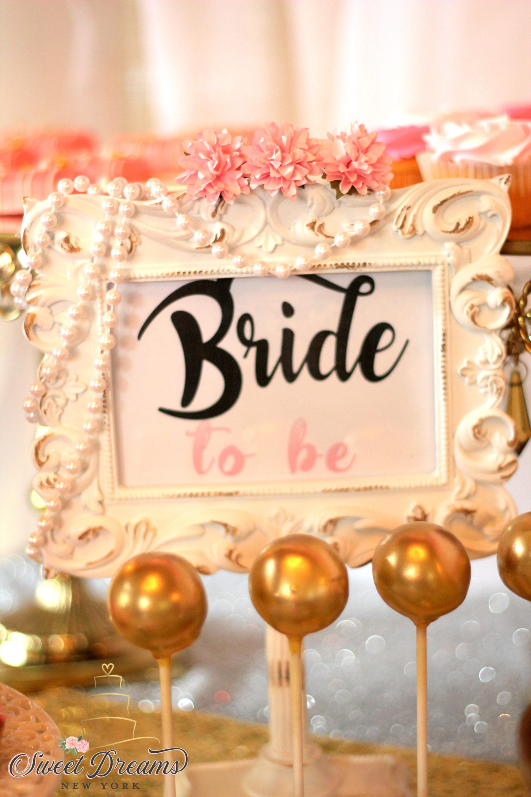 Bridal shower decor dessert table ideas white gold pink