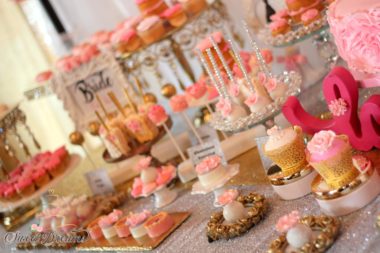 Bridal shower dessert table ideas pink white gold Long Island desert tables NYC by sweet dreams NY