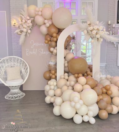 Bridal shower nude and blush decor balloon garland dessert table Sweet Dreams NY Long Island