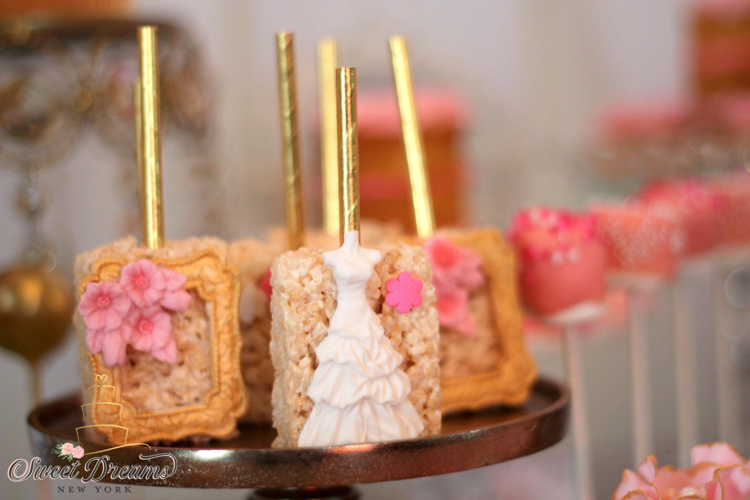 Bridal shower rice krispie treats dessert table Pink gold white Long Island NYC dessert table by Sweet dreams NY