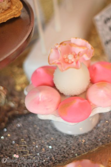 Bridal shower sweet 16 bat mitzvah dessert table white pink gold