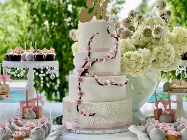 Cherry blossom custom cake wedding bridal shower baby shower dessert table by Sweet Dreams Long Island NYC