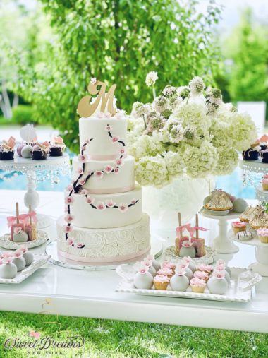 Cherry blossom wedding cake spring bridal shower custom cake and dessert table bat mitzvah Long Island NYC