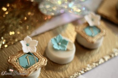 Dessert tables NYC gold chocolate covered cookie custom desserts