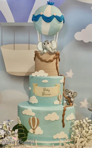Elephant Hot Air Balloon Baby Shower 1st First Birthday Cake NYC Long Island Custom cakes and desserts Sweet Dreams NY