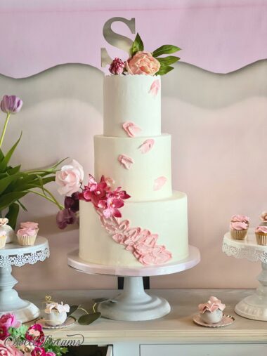 Engagement Cake Bridal Shower Cake pink flowers Long Island NYC Custom Cakes Wedding Cake with red flowers
