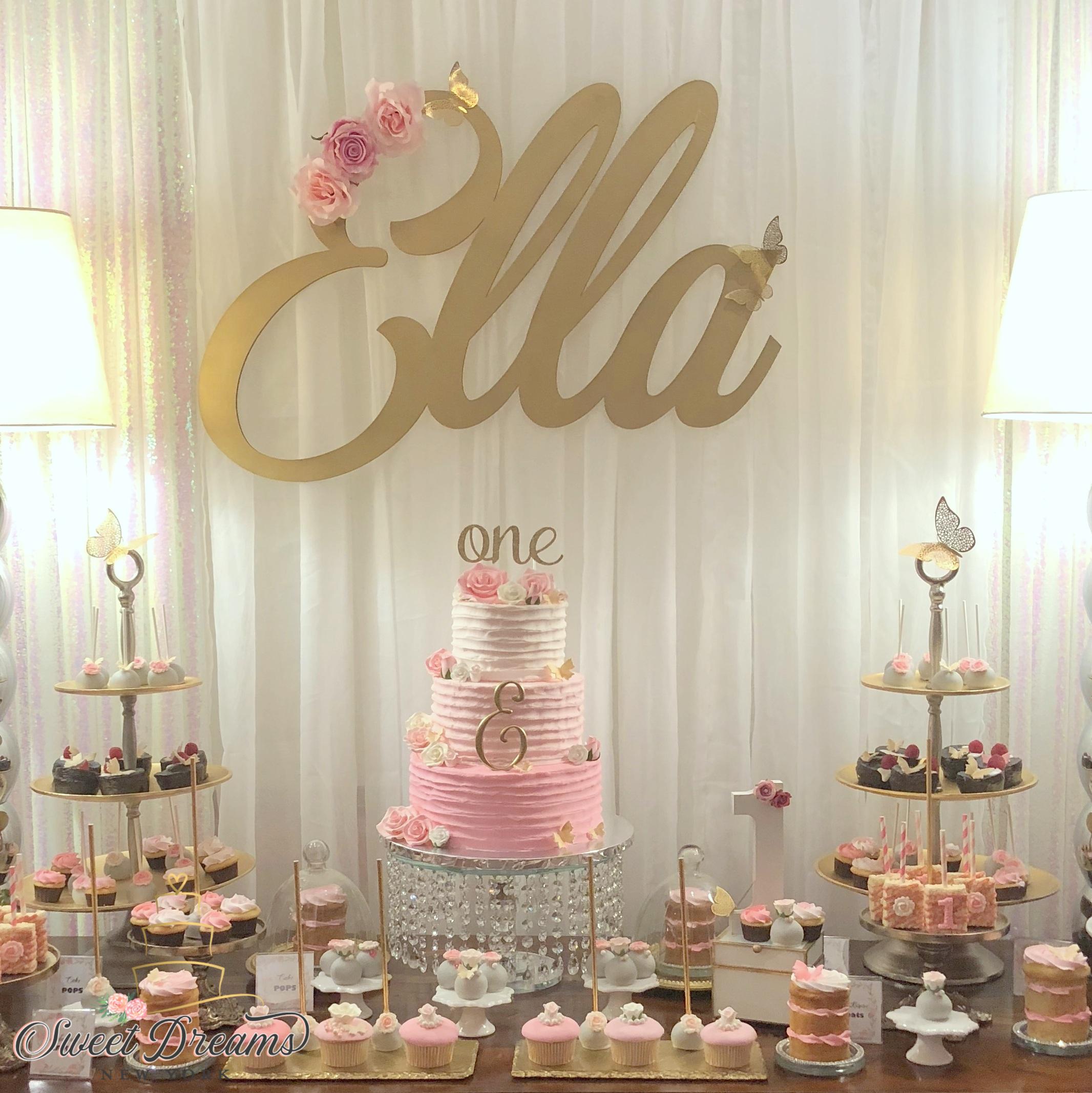 First Birthday Pink dessert table roses Sweet Dreams NY
