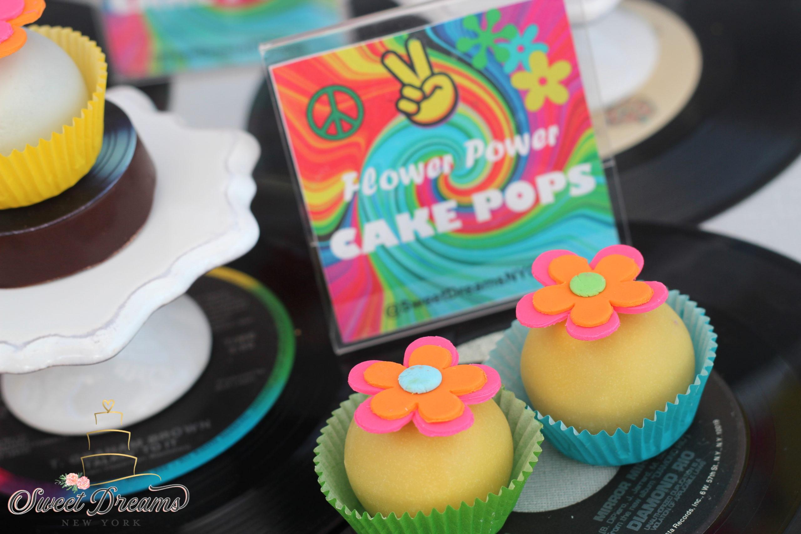 Flower power cake pops hippie rainbow tie dye cake pops and dessert table Long Island NY