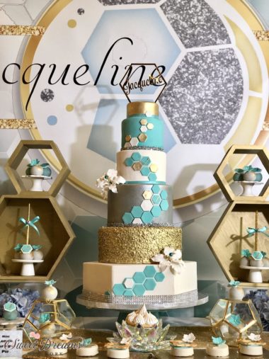 Hexagon themed dessert table white gold silver turquoise long island NYC dessert tables
