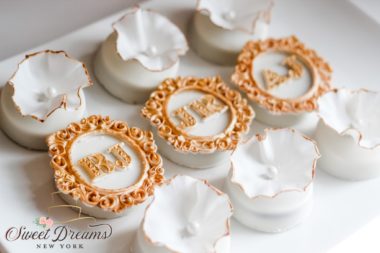 White and gold chocolate covered cookie bridal shower wedding dessert