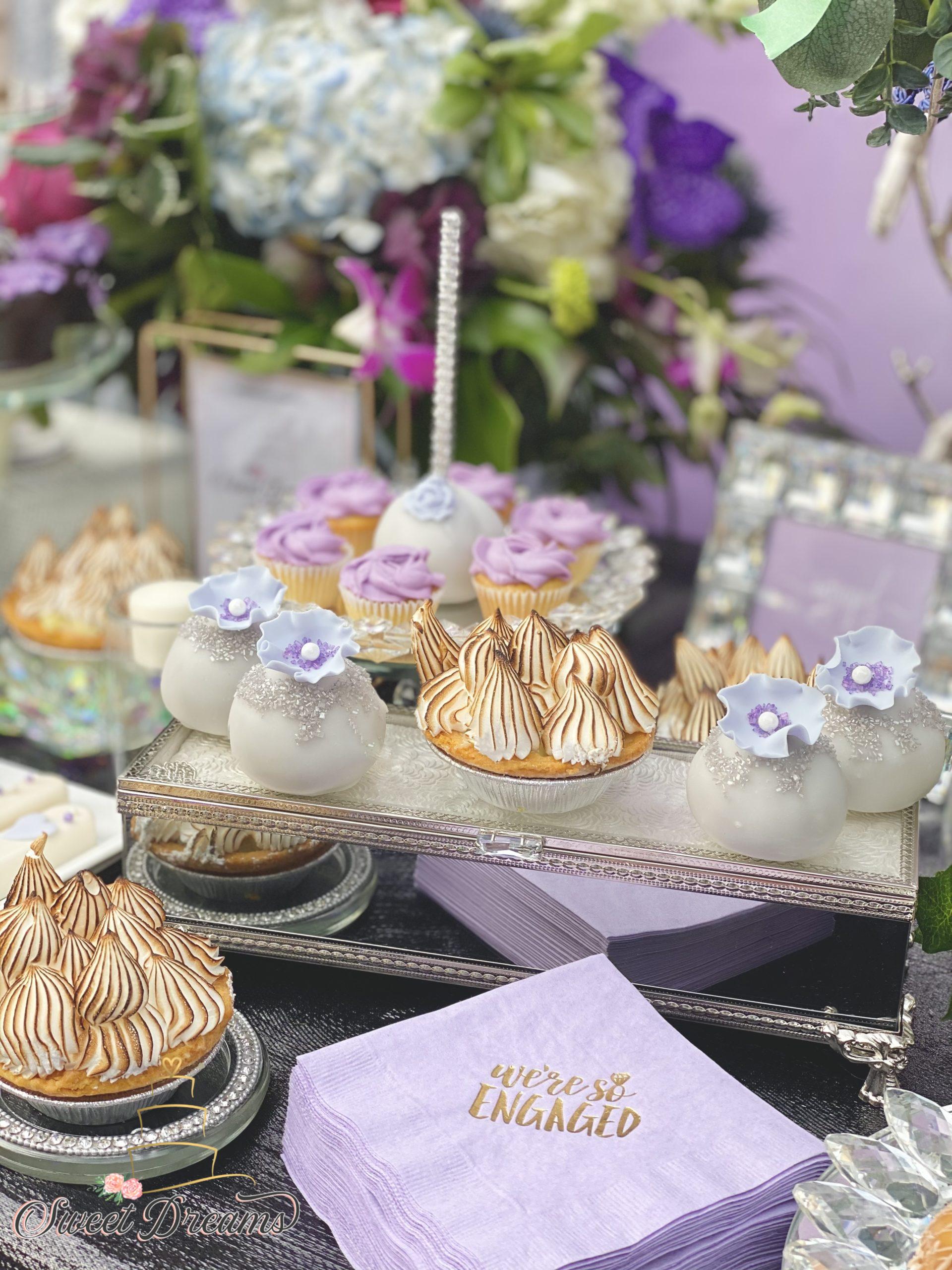 Lavender Purple whiet and silver Dessert Table display elegant cake pops Engagement Wedding Bridal Shower decor Long Island NYC