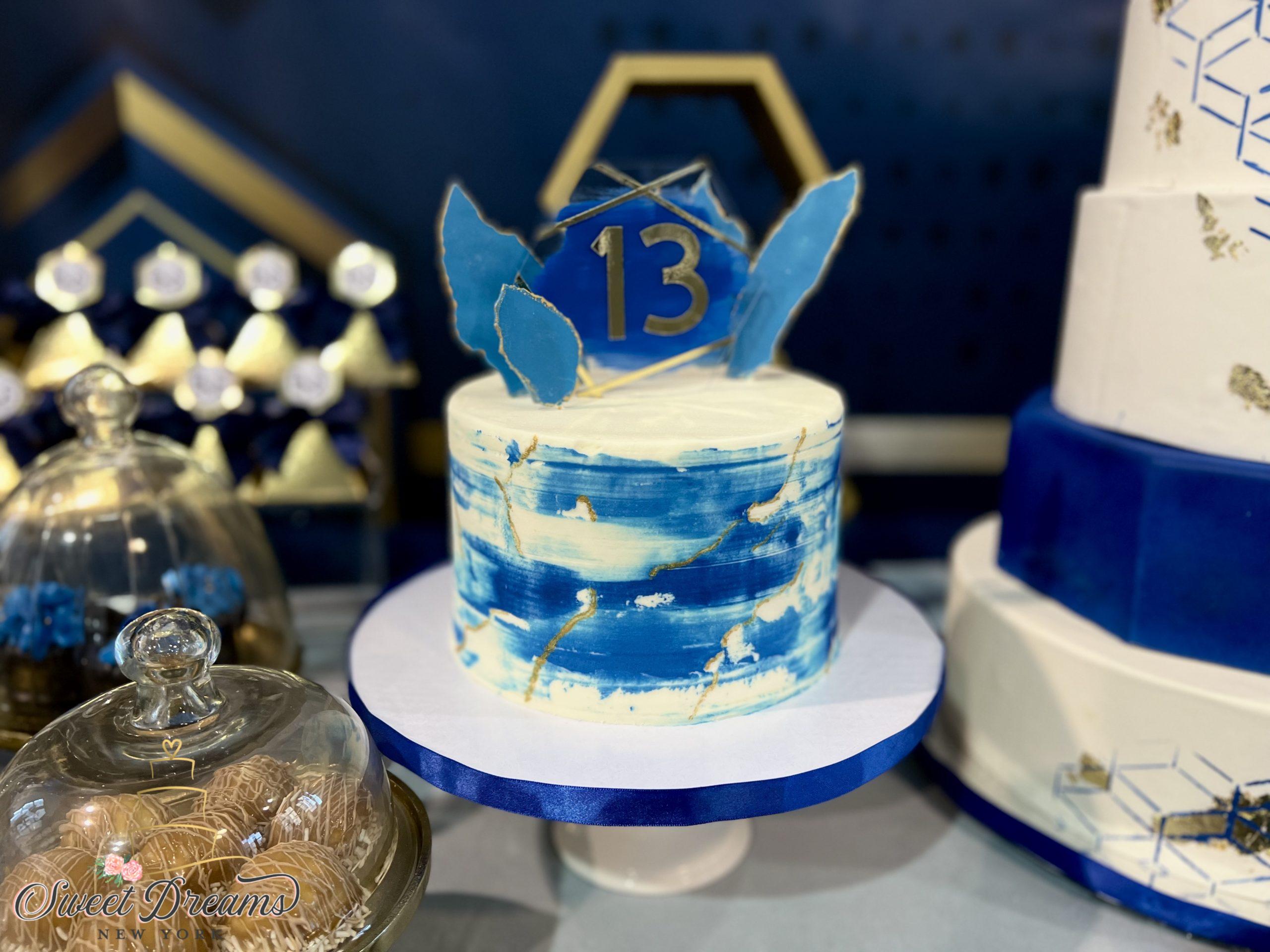 Modern Bar Mitzvah Custom Cake blue and white Dessert Table NYC Long Island by Sweet Dreams NY