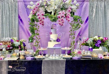 Modern Dessert Table lavender-purple-silver-white wedding Cake Engagement Bridal Shower Dessert Table Long Island NYC