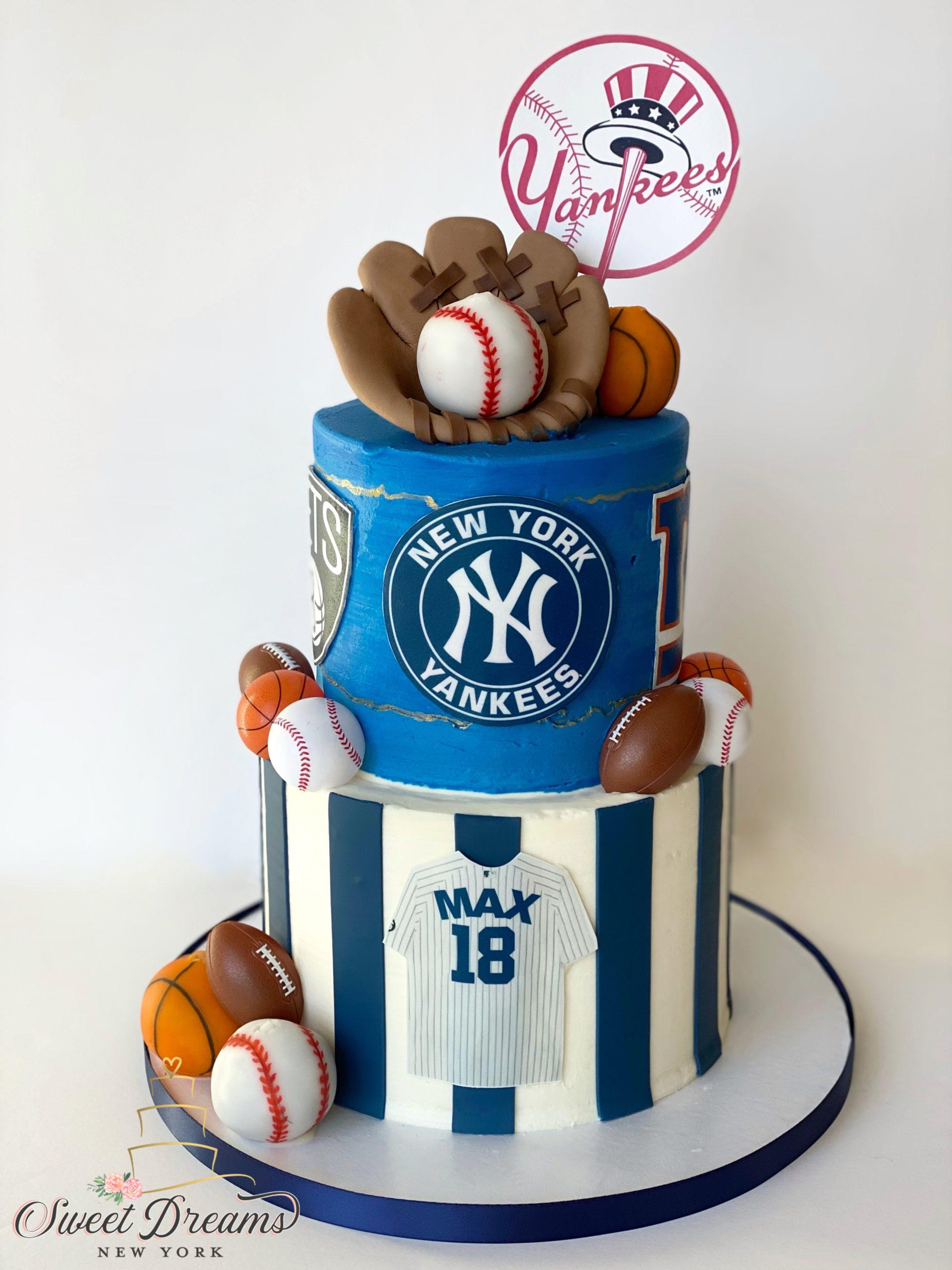 NY Yankees Cake Baseball mitt cake basketball footbal sports birthday cake Long Island NY custom cakes bakery NYC Sweet Dreams NY