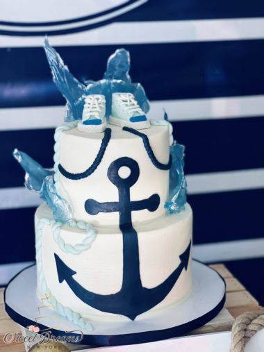 Nautical Baby shower cake baby sneakers fondant cake anchor blue and white baby shower cake ahoy it’s a boy custom cake Long Island NYC