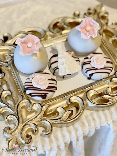 Nick bridal shower dessert table chocolate covered cookie cake pops pink white gold dessert table wedding Long Island NYC